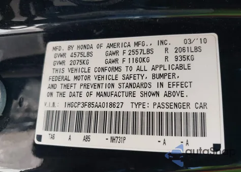 2010 Honda Accord 3.5 Ex-L z USA, uszkodzony, nr VIN 1HGCP3F85AA018627